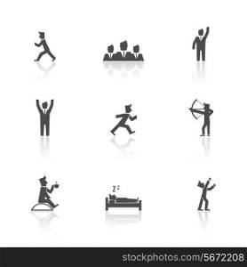 Man figure in suit and group action black icon set isolated vector illustration