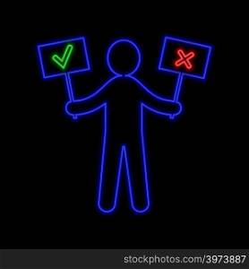 Man figure with approve and reject signs. Choice concept neon sign. Bright glowing symbol on a black background. Neon style icon.