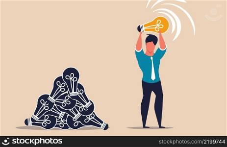 Man find light bulb business and idea inspiration success startup. People search and discovery vector illustration concept. Motivation growth and solving problem. Imagination and smart thinking man