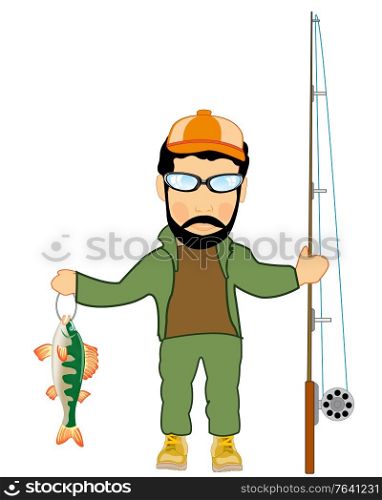 Man fisherman with catch and cordage on white background is insulated. Fisherman with caughted by fish and fishing rod