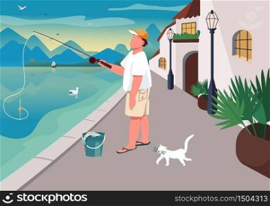 Man fishing at waterfront area flat color vector illustration. Summer time leisure. Guy angling on seafront. Fisher 2D cartoon character with ocean and village houses on background. Man fishing at waterfront area flat color vector illustration
