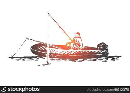 Man, fishing, boat, lake, activity concept. Hand drawn fisherman on a boat concept sketch. Isolated vector illustration.. Man, fishing, boat, lake, activity concept. Hand drawn isolated vector.