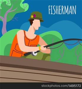 Man Fishing in Boat on Calm Lake or River at Summer Day. Relaxing Hobby, Fisherman Sitting with Rod Having Good Catch. Vacation Spending Time, Leisure, Relax Cartoon Flat Vector Illustration, Banner. Man Fishing in Boat on Lake or River at Summer Day