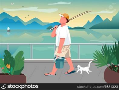 Man fishing rod at waterfront area flat color vector illustration. Male fisher with cat. Summer time leisure. Guy angling on seafront. Guy 2D cartoon character with ocean on background . ZIP file contains: EPS, JPG. If you are interested in custom design or want to make some adjustments to purchase the product, don&rsquo;t hesitate to contact us! bsd@bsdartfactory.com. Man fishing rod at waterfront