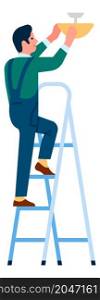 Man fixing light standing on stairs. Handyman repairing electrical thing. Vector illustration. Man fixing light standing on stairs. Handyman repairing electrical thing