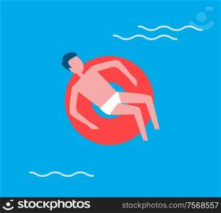 Man floating on water in lifeline. Person male relaxing and swims in swimming pool using lifebuoy. Relaxation recreating holiday summertime vector. Man Floating on Water Lifeline Vector Illustration