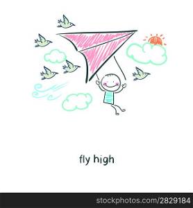 Man flying a hang glider. Illustration.