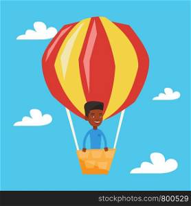 Man flying in a hot air balloon. African-american man standing in the basket of hot air balloon. Man traveling in aerostat. Guy riding a hot air balloon. Vector flat design illustration. Square layout. Man flying in hot air balloon vector illustration.