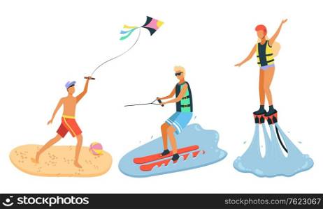 Man flying kite on beach. Guy in sunglasses water skiing. Woman in life vest and helmet flyboarding. Recreational water sports, seaside leisure vector. Flat cartoon. Summertime activity. Flying Kite, Water Skiing, Flyboarding Vector