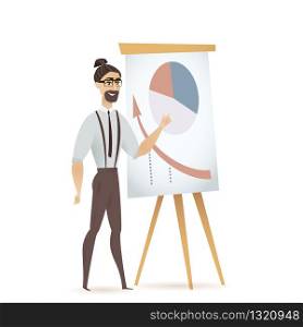Man Freelancer Pointing Flip Chart with Diagram. Trendy Male Freelance Coworker Character Standing near Whiteboard Showing Graph, Making Presentation. Cartoon Flat Vector Illustration. Man Freelancer Pointing Flip Chart with Diagram