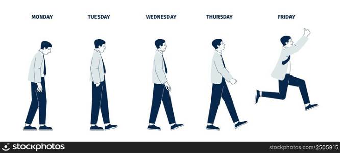 Man friday concept. Life balance, office manager and weekend. Different mood of guy in suit. Businessman leave work and go to vacations, recent vector character. Illustration of business week life. Man friday concept. Life balance, office manager and weekend. Different mood of guy in suit. Businessman leave work and go to vacations, recent vector character