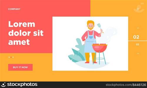 Man fried meat on nature flat vector illustration. Cartoon cook grilling steak and cooking fresh food or shashlik outdoors. Summer BBQ and picnic concept