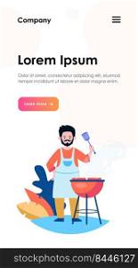 Man fried meat on nature flat vector illustration. Cartoon cook grilling steak and cooking fresh food or shashlik outdoors. Summer BBQ and picnic concept
