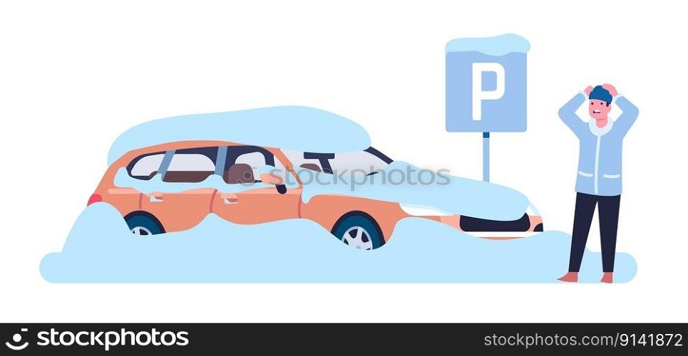 Man frightened by sight of car covered in snow. Automobile in snowdrift. Upset confused driver. Winter snowstorm and snowfall. Cold season precipitation. Frozen vehicle. Snowy weather. Vector concept. Man frightened by sight of car covered in snow. Automobile in snowdrift. Upset confused driver. Winter snowstorm and snowfall. Cold season precipitation. Frozen vehicle. Vector concept