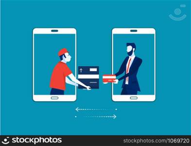 man from smartphone screen sending cardboard box with customer pay shop by card ,Delivery service concept. Vector illustration flat design. Shipping service.