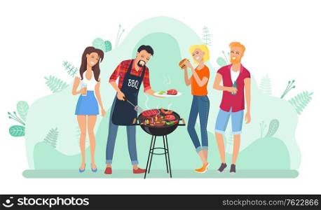 Man frying meat on grill, friends eating food outdoor, holiday picnic. People holding meal, grilled steak and sausage, leisure with dinner, barbecue in park vector. Barbecue Leisure, People Frying Meat, Grill Vector