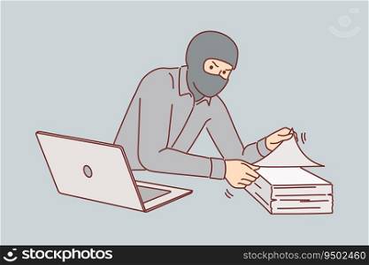 Man gangster steals documents from office building, wearing mask to hide face and remain anonymous. Concept of commercial espionage and trying to get insider documents about upcoming deals. Man gangster steals documents from office building, wearing mask to hide face and remain anonymous