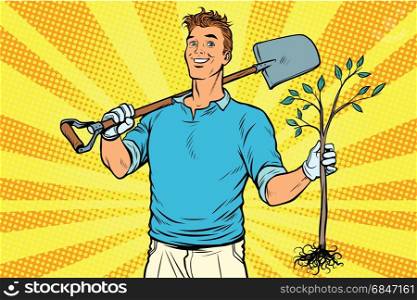 Man gardener with a shovel and sapling. Man gardener with a shovel and sapling. Pop art retro vector illustration. Man gardener with a shovel and sapling