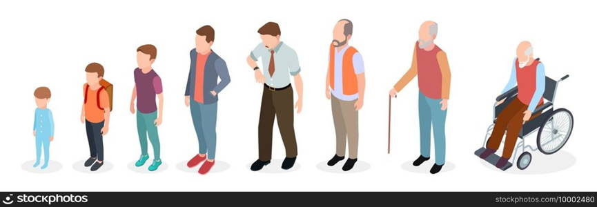 Man generations. Isometric adult, vector male characters, kids, boy, old man, human age evolution. Illustration growing generation, baby to pensioner. Man generations. Isometric adult, vector male characters, kids, boy, old man, human age evolution