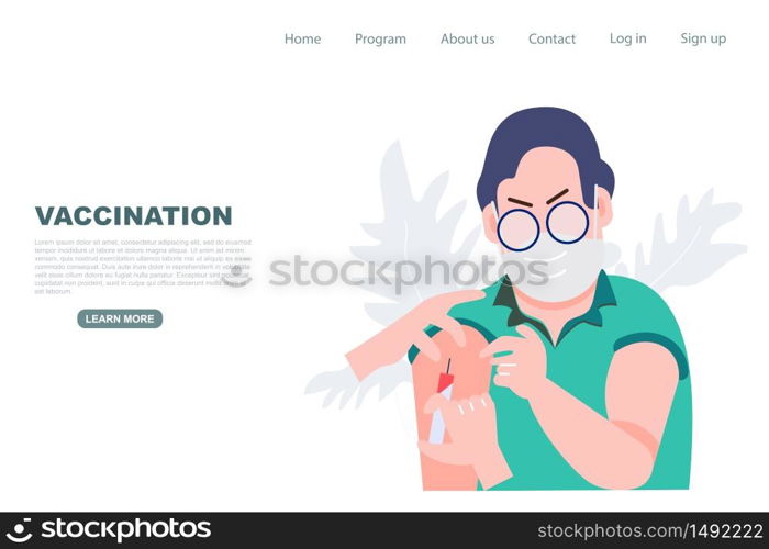 Man get vaccine. Covid-19 coronavirus protection. Vaccination concept. Health care and medical Landing page vector illustration