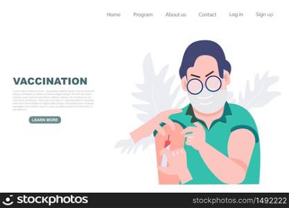 Man get vaccine. Covid-19 coronavirus protection. Vaccination concept. Health care and medical Landing page vector illustration