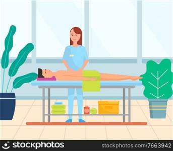 Man getting a stomach massage. Professional masseuse wearing uniform and male patient lying on table and enjoying relaxing abdominal belly procedure vector. Man Gets Abdominal Belly Stomach Massage Vector