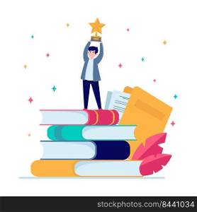 Man getting award in writing. Star, writer, feather flat vector illustration. Knowledge and education concept for banner, website design or landing web page