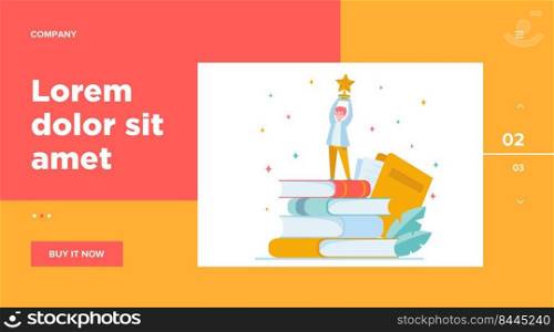 Man getting award in writing. Star, writer, feather flat vector illustration. Knowledge and education concept for banner, website design or landing web page