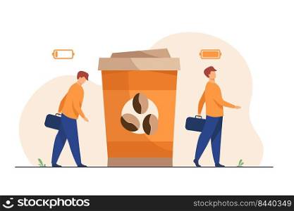Man getting energy from cup of coffee. Caffeine addicted guy with disposal cup. Vector illustration for morning, coffee break, addiction, energetic drink concept