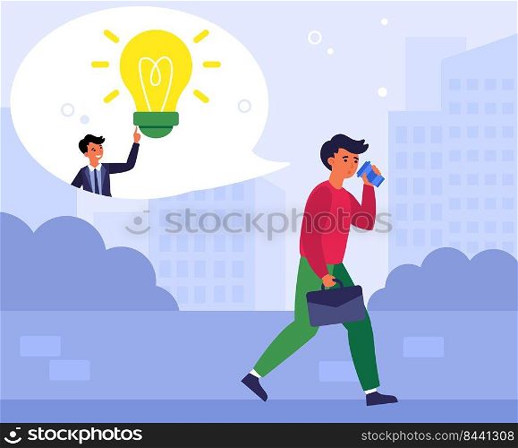 Man getting idea while drinking coffee on way to work. Businessman walking in morning flat vector illustration. Coffee and caffeine concept for banner, website design or landing web page