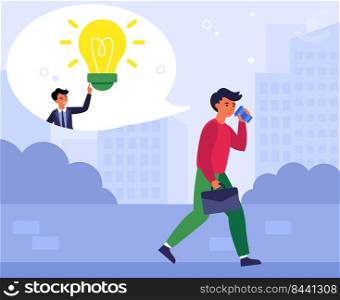Man getting idea while drinking coffee on way to work. Businessman walking in morning flat vector illustration. Coffee and caffeine concept for banner, website design or landing web page