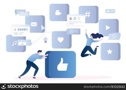 Man give button with like symbol and happy girl jumping,web applications,signs and buttons,social network chatting,male and female characters,trendy style vector illustration. Man give button with like symbol and happy girl jumping
