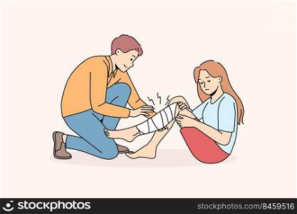 Man give first aid to hurt girl with leg injury. Male volunteer help little child broke leg outdoors, put bandage. Vector illustration.. Man give first aid to small girl
