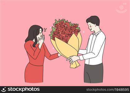 Man give flowers congratulate happy woman lover for Valentine day. Loving boy greeting girl make surprise with floral bouquet. Dating, couple relationships concept. Flat vector illustration.. Man congratulate give flowers to woman lover
