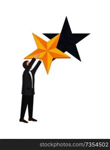 Man given golden star to improve rating level vector illustration of businessman isolated on white. Male appreciation best choice, recognizing of high quality. Man Given Golden Star to Improve Rating Level