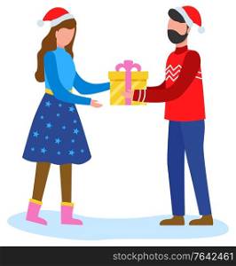 Man gives woman present in yellow box tied with pink ribbon. People happy to greet each other with gifts with winter holiday. People in red hats, traditional christmas decor. Vector flat illustration. Man Greeting Woman with Winter and Gives Gift