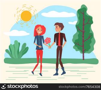 Man giving bouquet of roses to woman character in park. Dating of male and female lovers near green trees outdoor. Boyfriend holding flowers present for girlfriend walking in sunny weather vector. Smiling Lovers with Flowers Walking in Park Vector