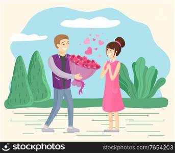 Man giving bouquet to woman, couple on date in park, love and male and female characters vector. Girl and guy with flowers, boyfriend and girlfriend. Relationship or lovers romance illustration. Couple on Date, Man Giving Flower Bouquet to Woman
