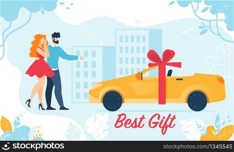 Man Giving Car with Bow as Present. Happy Surprised Woman Standing near Vehicle with Ribbon on Cityscape Background. Luxury Automobile Gift for Girl Cartoon Flat Vector Illustration, Horizontal Banner. Man Giving Car with Bow as Best Present for Girl