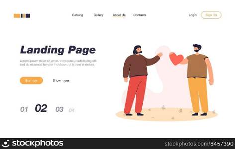 Man giving cartoon heart to woman. Smiling male character confessing feelings flat vector illustration. Love, romance, valentine, relationship concept for banner, website design or landing web page
