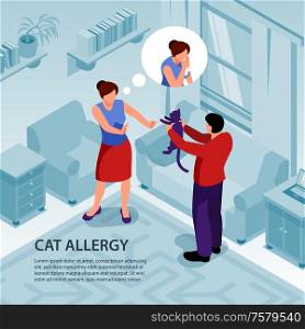 Man giving cat to woman having pet allergy 3d isometric vector illustration