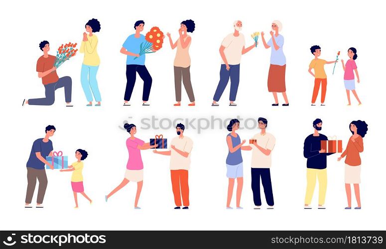 Man giving flowers. Couple bouquet, happy woman get gift. Young old men with valentine day or birthday present, romantic vector illustration. Couple people dating, happy relationship surprised. Man giving flowers. Couple bouquet, happy woman get gift. Young old men with valentine day or birthday present, romantic vector illustration