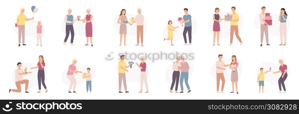 Man giving flowers. Men different ages give bouquet and gift to women and kids, floral present birthday or valentines day, vector set. Illustration bouquet romantic for girlfriend, relationship couple. Man giving flowers. Men different ages give bouquet and gift to women and kids, floral present birthday or valentines day, flat vector set