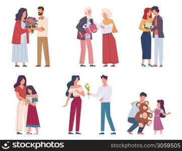 Man giving flowers. Young and elderly giving beautiful bouquets, romantic admirers present floral gift valentine day or birthday, holiday event congratulate and surprise characters flat vector set. Man giving flowers. Young and elderly giving bouquets, romantic admirers present floral gift valentine day or birthday, holiday congratulate and surprise characters flat vector set