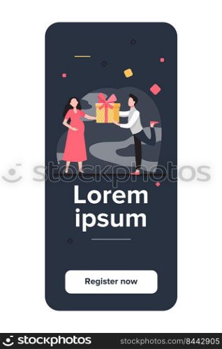 Man giving gift to his pregnant wife. Expecting couple, parents, present for baby flat vector illustration. Family, pregnancy, love concept for banner, website design or landing web page