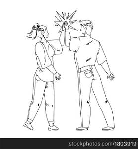 Man Giving High Five Young Woman Friend Black Line Pencil Drawing Vector. Friendly People Giving High Five Together, Greeting Or Celebrating Success. Characters Congratulating, Funny Time Illustration. Man Giving High Five Young Woman Friend Vector