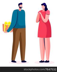 Man giving present on anniversary. Boyfriend making surprise for girlfriend on special date. Excited female character waiting to open gift. Celebration of holidays in pair vector in flat style. Man Giving Present to Girlfriend, Anniversary Gift