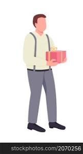 Man giving present semi flat color vector character. Standing figure. Full body person on white. Greeting isolated modern cartoon style illustration for graphic design and animation. Man giving present semi flat color vector character