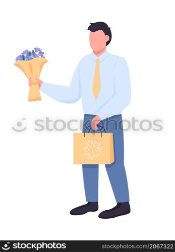 Man giving romantic gifts semi flat color vector character. Standing figure. Full body person on white. Congratulate isolated modern cartoon style illustration for graphic design and animation. Man giving romantic gifts semi flat color vector character