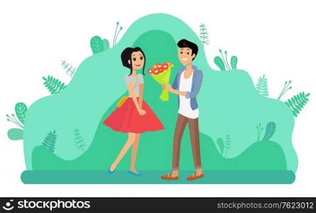 Man giving woman flower bouquet. Couple walking in park. Teenagers in love spending time together outdoors. Young people dating, gift for girlfriend. Man Giving Girl Flower Bouquet, Couple Dating